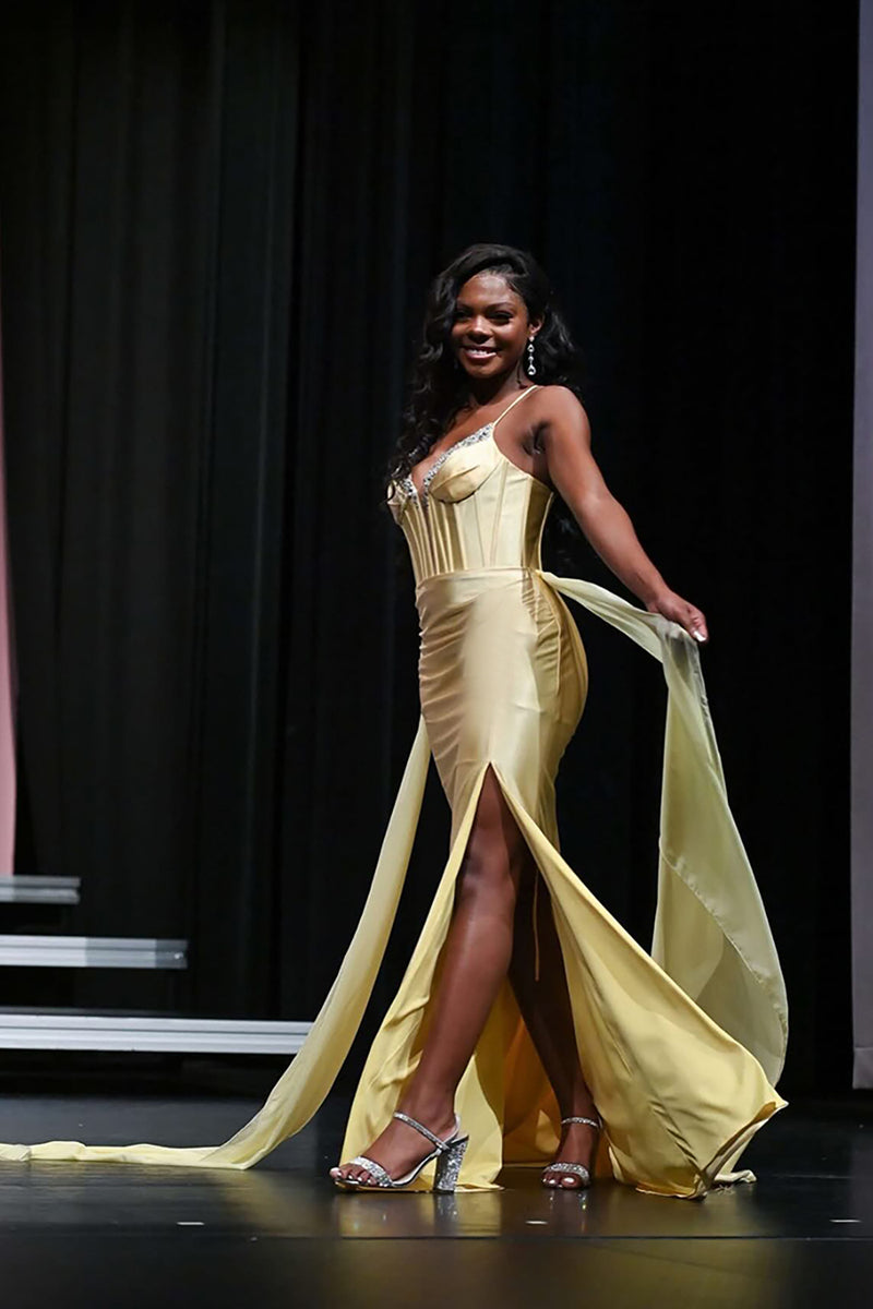 Load image into Gallery viewer, Sparkly Gold Satin Mermaid Corset Long Prom Dress with Slit
