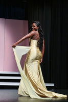 Load image into Gallery viewer, Sparkly Gold Satin Mermaid Corset Long Prom Dress with Slit