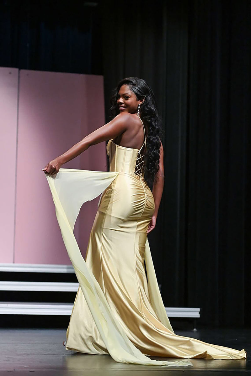 Load image into Gallery viewer, Sparkly Gold Satin Mermaid Corset Long Prom Dress with Slit