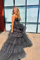 Load image into Gallery viewer, Sparkly Black Beaded Ruffled Sweetheart Corset Long Prom Dress