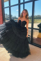 Load image into Gallery viewer, Sparkly Black Beaded Ruffled Sweetheart Corset Long Prom Dress