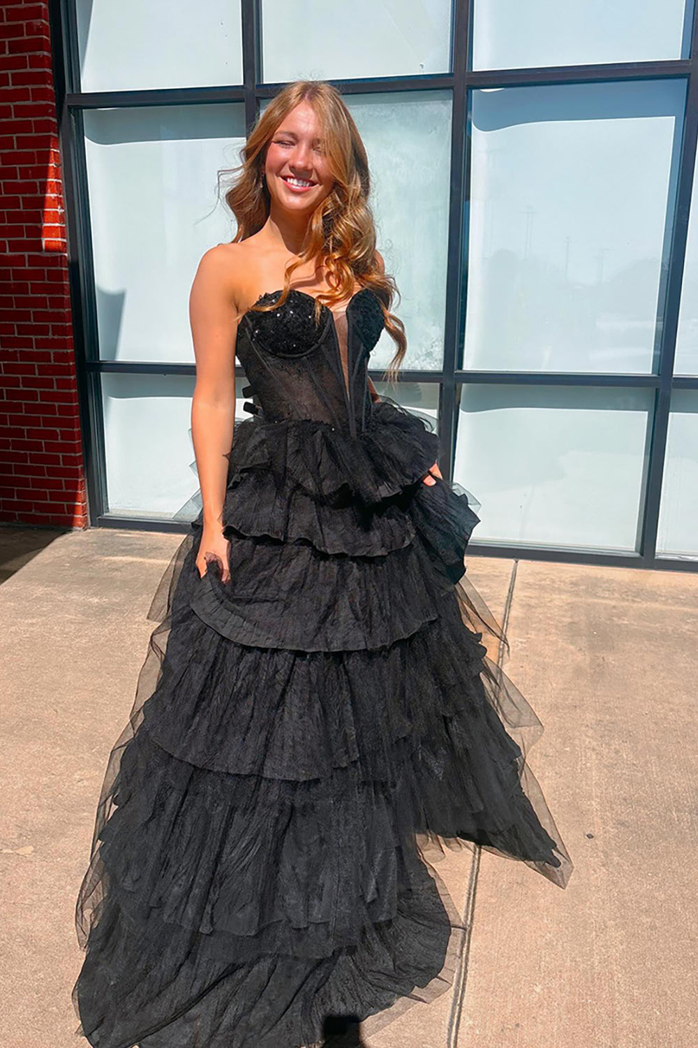 Sparkly Black Beaded Ruffled Sweetheart Corset Long Prom Dress