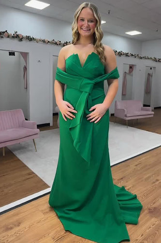 Green Satin Mermaid Strapless Long Prom Dress