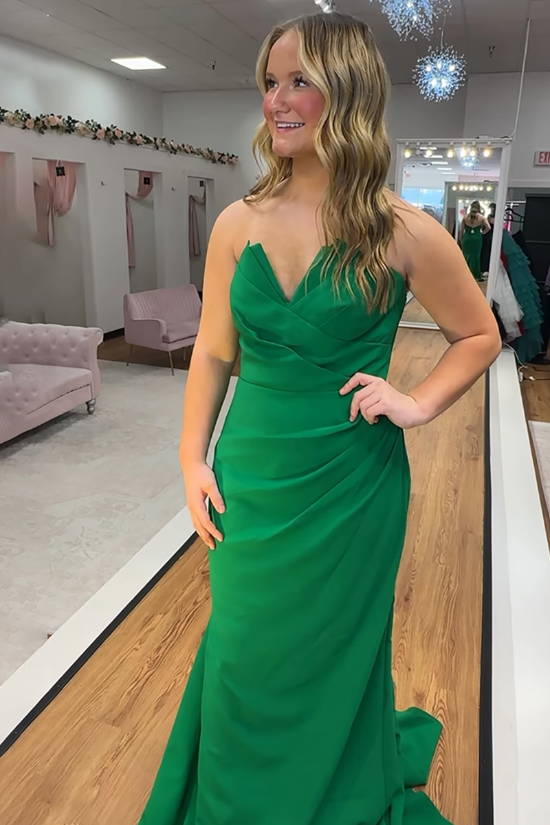 Load image into Gallery viewer, Green Satin Mermaid Strapless Long Prom Dress
