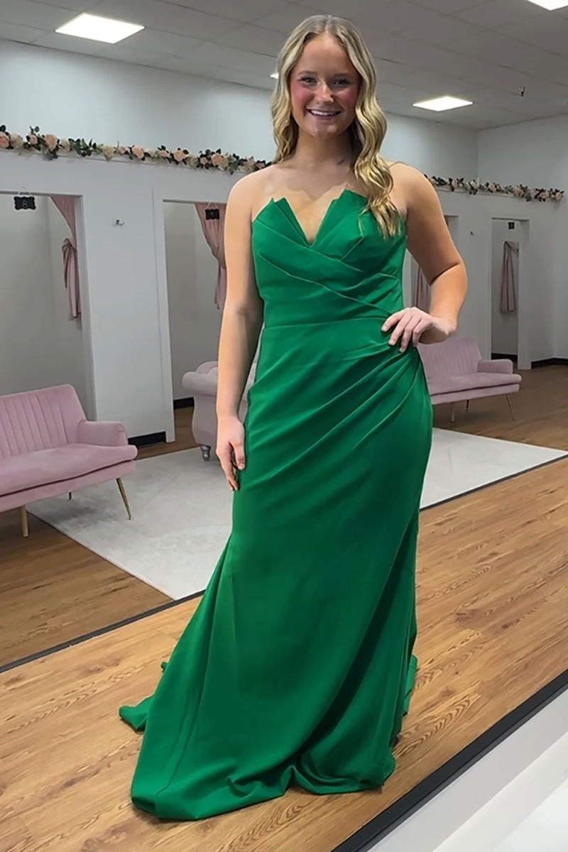 Load image into Gallery viewer, Green Satin Mermaid Strapless Long Prom Dress