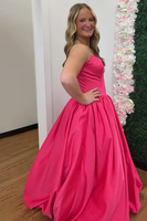 Load image into Gallery viewer, Fuchsia Satin Strapless A Line Long Prom Dress