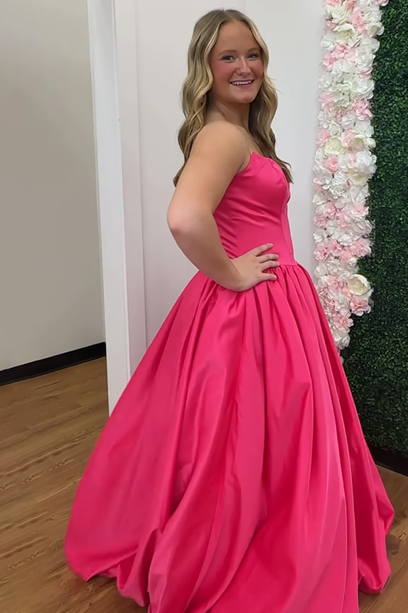 Load image into Gallery viewer, Fuchsia Satin Strapless A Line Long Prom Dress