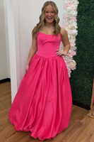Load image into Gallery viewer, Fuchsia Satin Strapless A Line Long Prom Dress