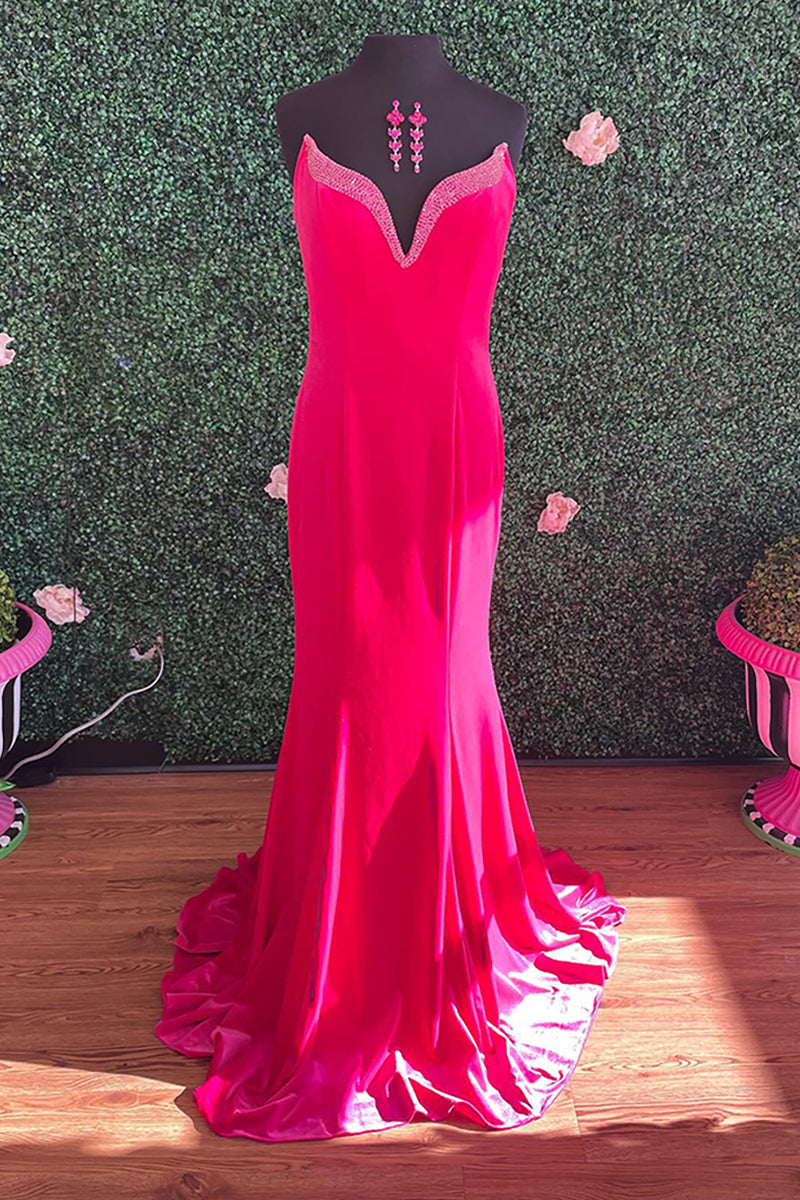 Load image into Gallery viewer, Sparkly Fuchsia Mermaid Strapless Long Prom Dress