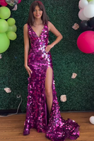 Load image into Gallery viewer, Sparkly Purple Sequin Mermaid V Neck Long Holiday Party Dress