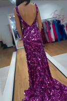 Load image into Gallery viewer, Sparkly Purple Sequin Mermaid V Neck Long Holiday Party Dress