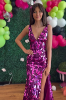 Load image into Gallery viewer, Sparkly Purple Sequin Mermaid V Neck Long Holiday Party Dress