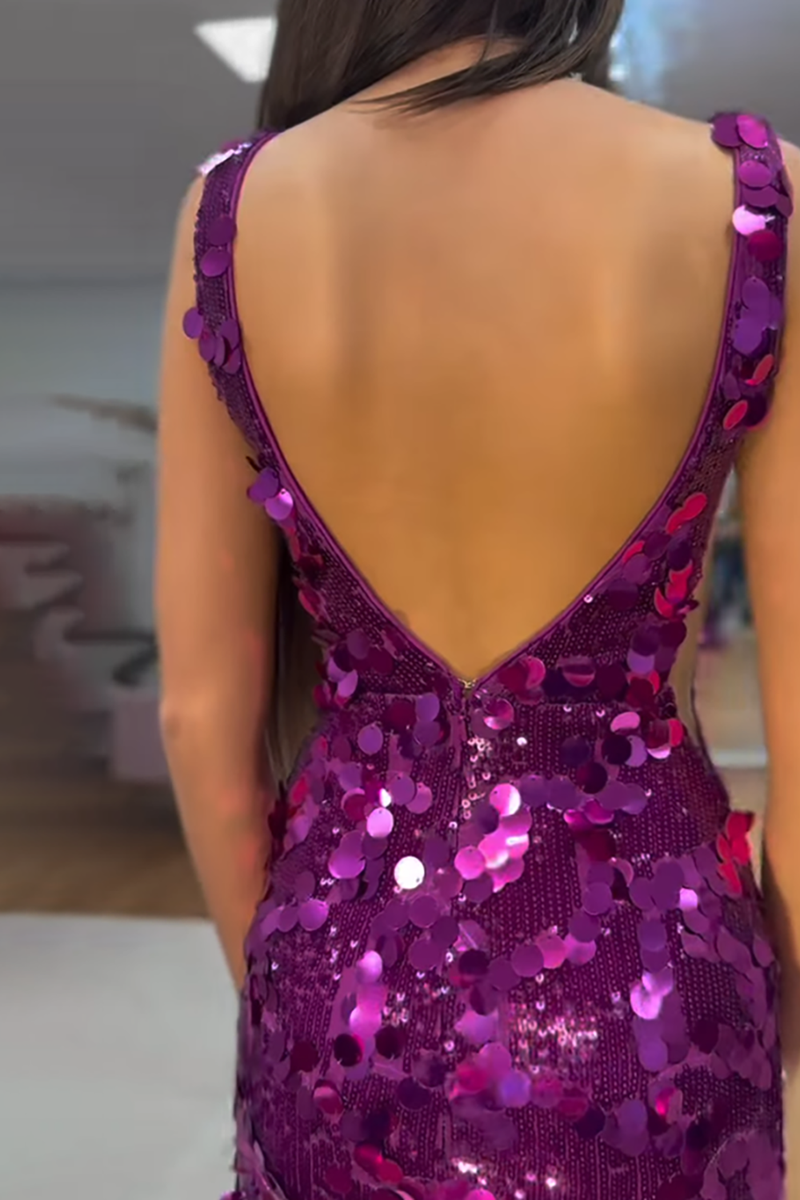 Load image into Gallery viewer, Sparkly Purple Sequin Mermaid V Neck Long Holiday Party Dress