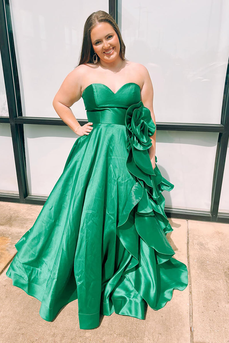 Load image into Gallery viewer, Sparkly Green Ruffled Strapless Long Prom Dress Belt Not Inclued