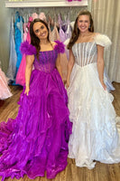 Load image into Gallery viewer, Purple Ruffled Off the Shoulder Corset Long Prom Dress with Feather