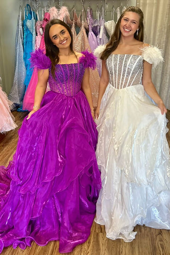 Purple Ruffled Off the Shoulder Corset Long Prom Dress with Feather