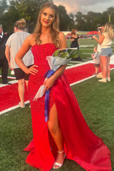 Sparkly Red Strapless Mermaid Corset Long Prom Dress with Side Cape