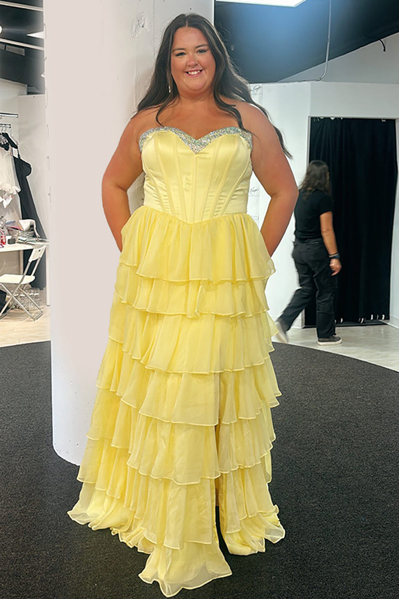 Load image into Gallery viewer, Sparkly Yellow Sweetheart Ruffled Corset Long Prom Dress with Slit
