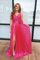Load image into Gallery viewer, Fuchsia Floral Spaghetti Straps Sheath Long Prom Dress with Slit