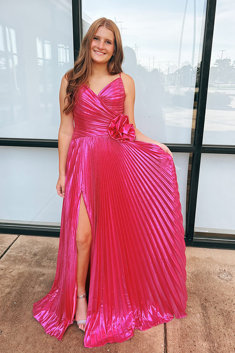 Load image into Gallery viewer, Fuchsia Floral Spaghetti Straps Sheath Long Prom Dress with Slit