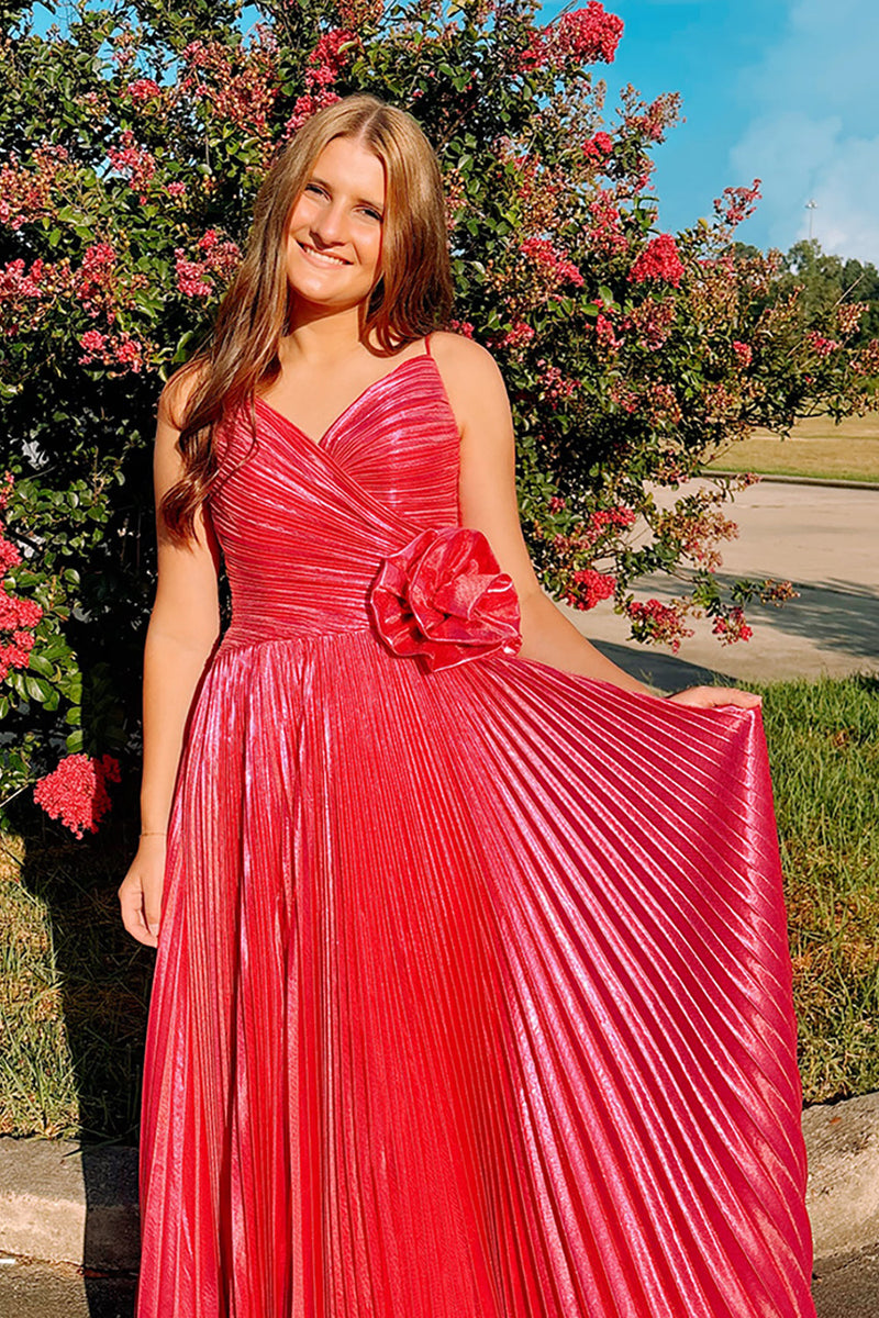 Load image into Gallery viewer, Fuchsia Floral Spaghetti Straps Sheath Long Prom Dress with Slit