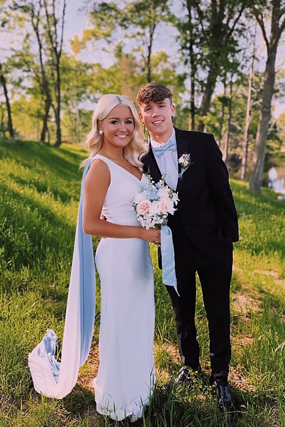 White V-Neck Mermaid One Shoulder Long Prom Dress with Side Cape