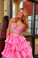 Load image into Gallery viewer, Sparkly Pink Sweetheart Beaded Long Prom Dress with Ruffles