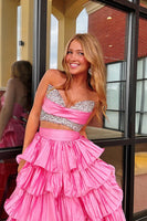 Load image into Gallery viewer, Sparkly Pink Sweetheart Beaded Long Prom Dress with Ruffles
