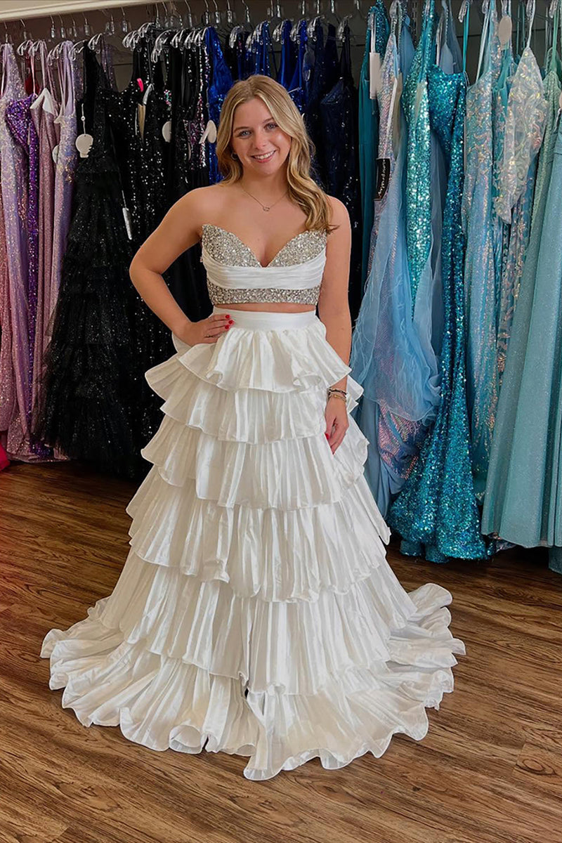 Load image into Gallery viewer, Sparkly Pink Sweetheart Beaded Long Prom Dress with Ruffles