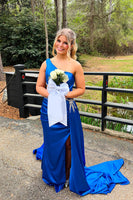 Load image into Gallery viewer, Sparkly Royal Blue One Shoulder Mermaid Cut Out Long Prom Dress with Beading