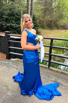 Sparkly Royal Blue One Shoulder Mermaid Cut Out Long Prom Dress with Beading