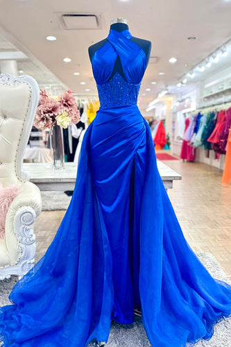 Sparkly Royal Blue Halter Mermaid Corset Long Prom Dress with Cape