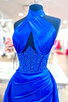 Load image into Gallery viewer, Sparkly Royal Blue Halter Mermaid Corset Long Prom Dress with Cape