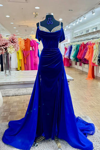 Sparkly Royal Blue Velvet Mermaid Long Prom Dress with Slit