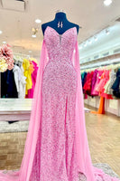 Load image into Gallery viewer, Sparkly Pink Sequin Sweetheart Mermaid Long Prom Dress with Cape
