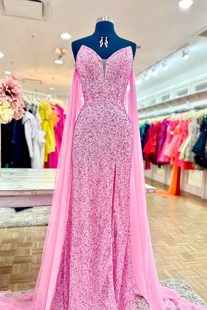 Load image into Gallery viewer, Sparkly Pink Sequin Sweetheart Mermaid Long Prom Dress with Cape