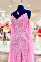 Load image into Gallery viewer, Sparkly Pink Sequin Sweetheart Mermaid Long Prom Dress with Cape