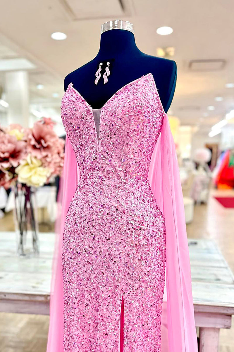 Load image into Gallery viewer, Sparkly Pink Sequin Sweetheart Mermaid Long Prom Dress with Cape