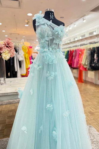 Light Green One Shoulder Corset Long Prom Dress with 3D Flowers