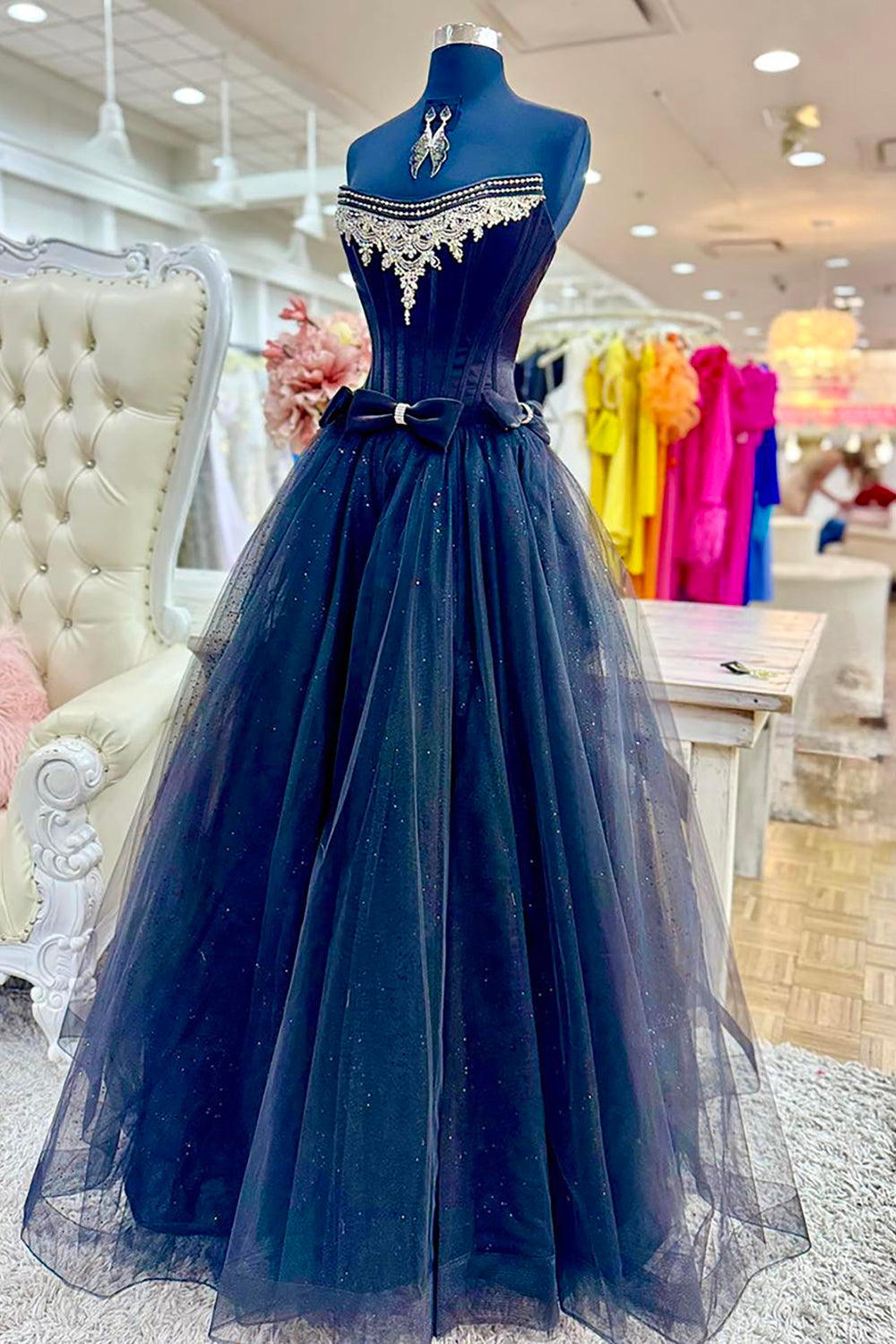 Sparkly Black Tulle Strapless Corset Long Prom Dress with Bows