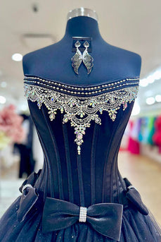 Sparkly Black Tulle Strapless Corset Long Prom Dress with Bows