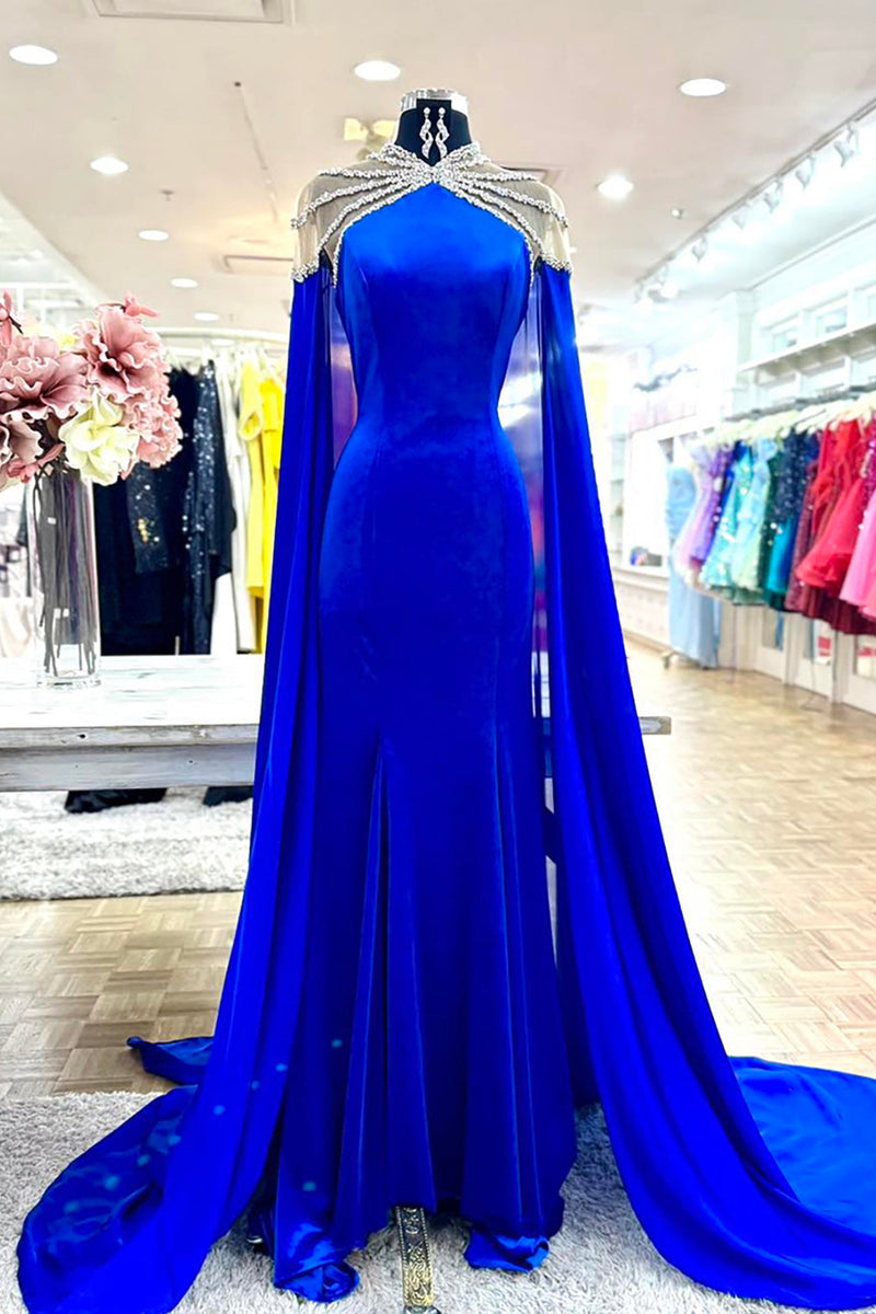 Load image into Gallery viewer, Sparkly Royal Blue Beaded Mermaid Long Prom Dress with Cape