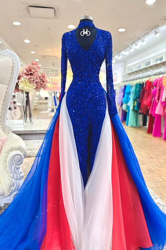 Sparkly Royal Blue Sequin Prom Dress with Cape