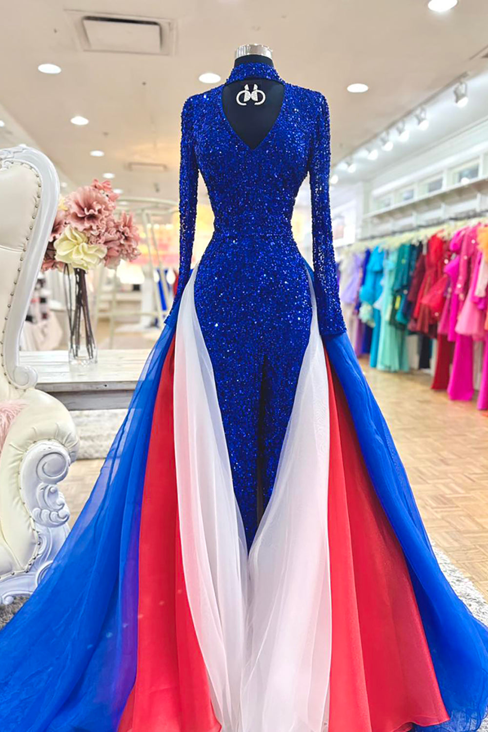Sparkly Royal Blue Sequin Prom Dress with Cape