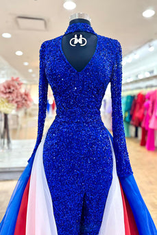 Sparkly Royal Blue Sequin Prom Dress with Cape