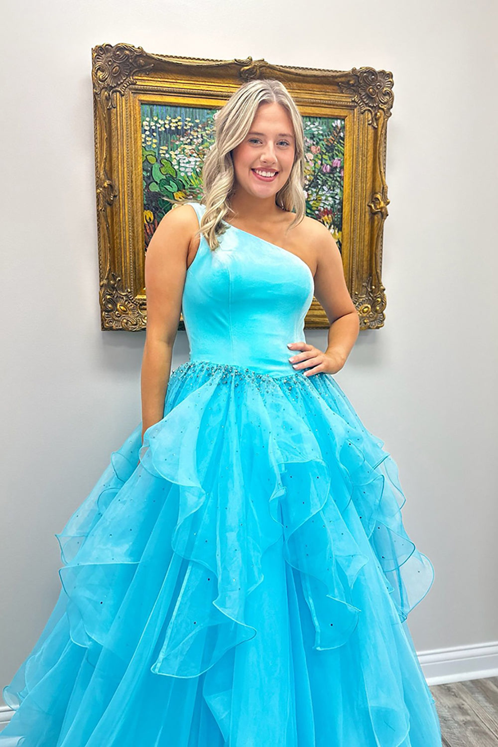 Sparkly Blue Ruffled One Shoulder Long Prom Dress with Beading