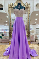 Load image into Gallery viewer, Sparkly Lavender Spaghetti Straps Beaded Long Prom Dress