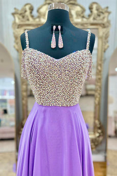 Sparkly Lavender Spaghetti Straps Beaded Long Prom Dress