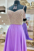 Load image into Gallery viewer, Sparkly Lavender Spaghetti Straps Beaded Long Prom Dress