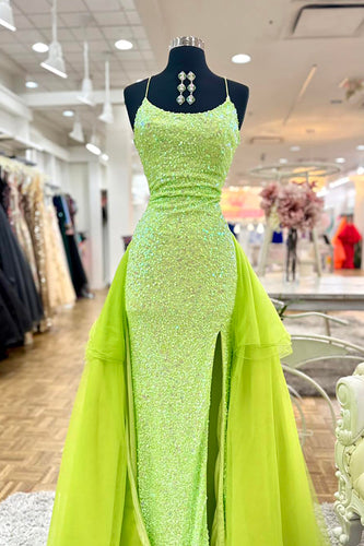 Sparkly Green Sequins Mermaid Spaghetti Straps Long Prom Dress with Cape